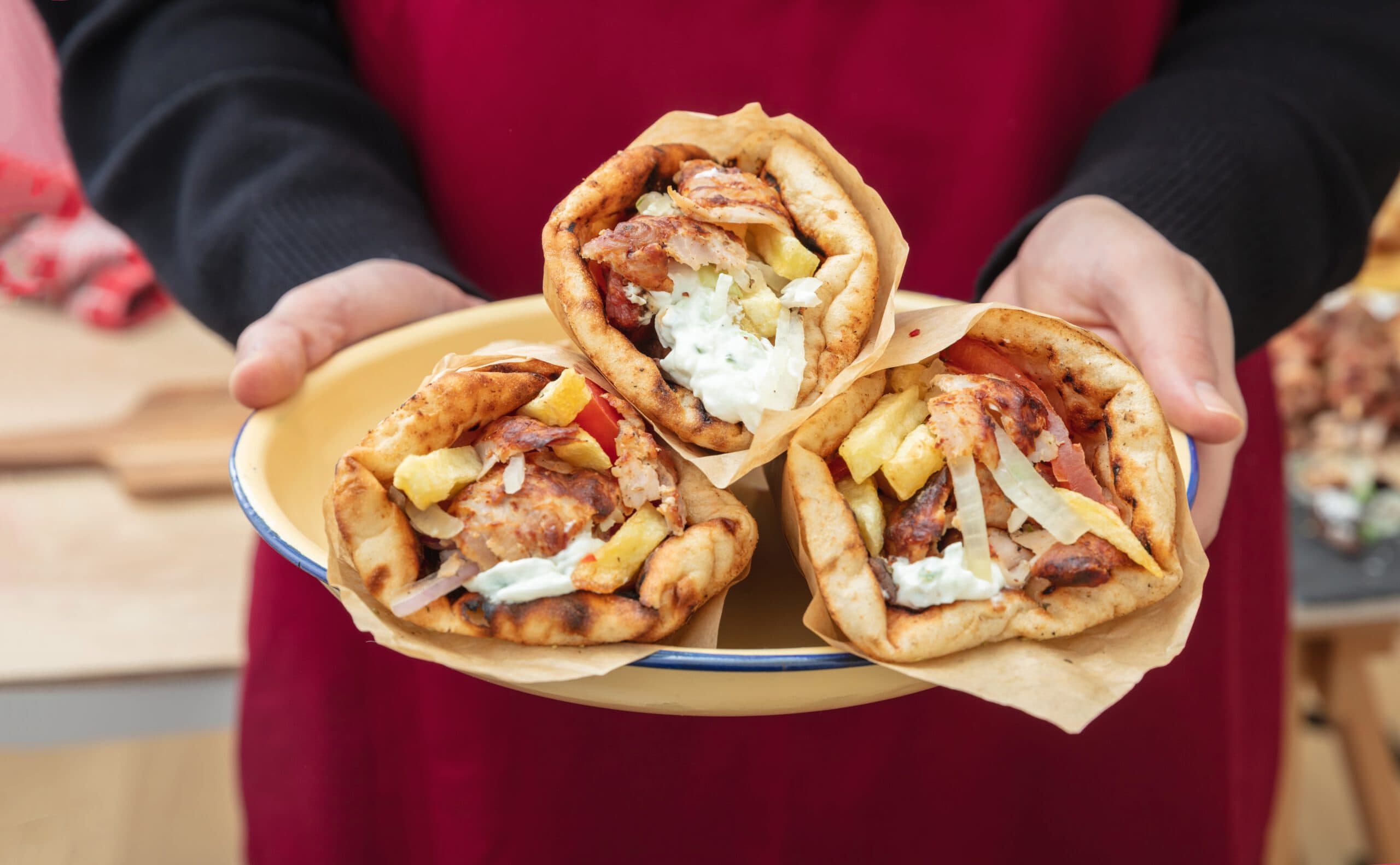 Gyro,Pita,Shawarma.,Greek,Food,,Sliced,Meat,,Potato,,Tomato,And