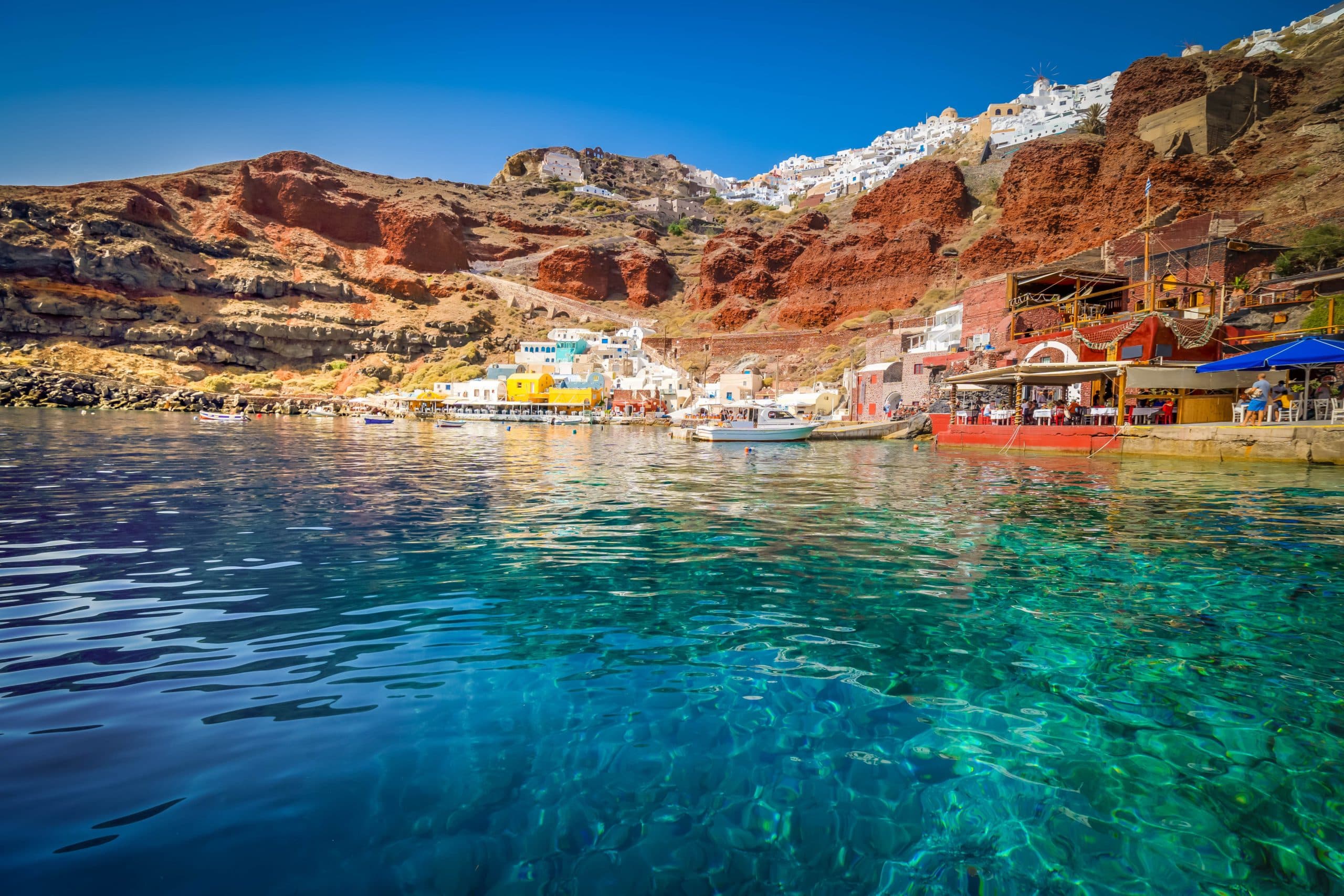 Amoudi,Bay,,Port,Of,Oia,,Santorini,Greece,At,Sunny,Summer,