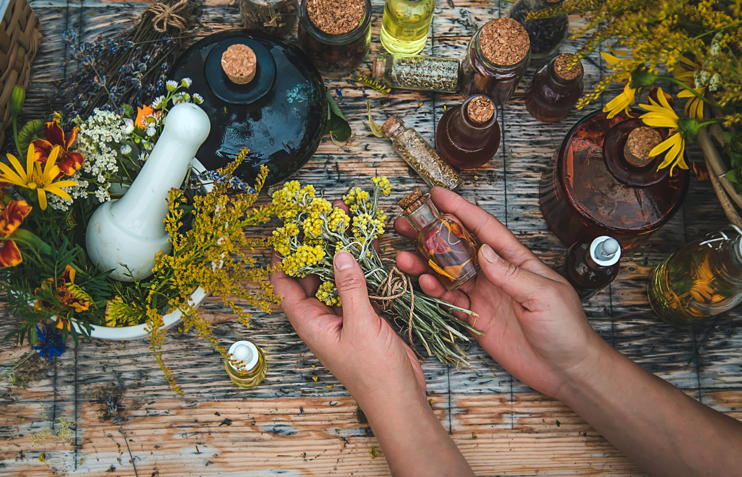 Woman,With,Medicinal,Herbs,And,Tinctures.,Selective,Focus.,Nature.
