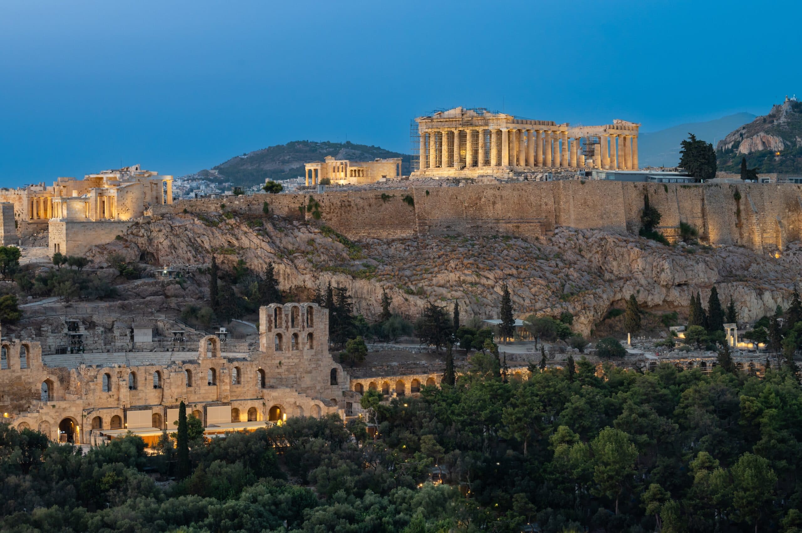 Acropolis,Of,Athens,In,Greece,At,Night.,Panoramic,View.