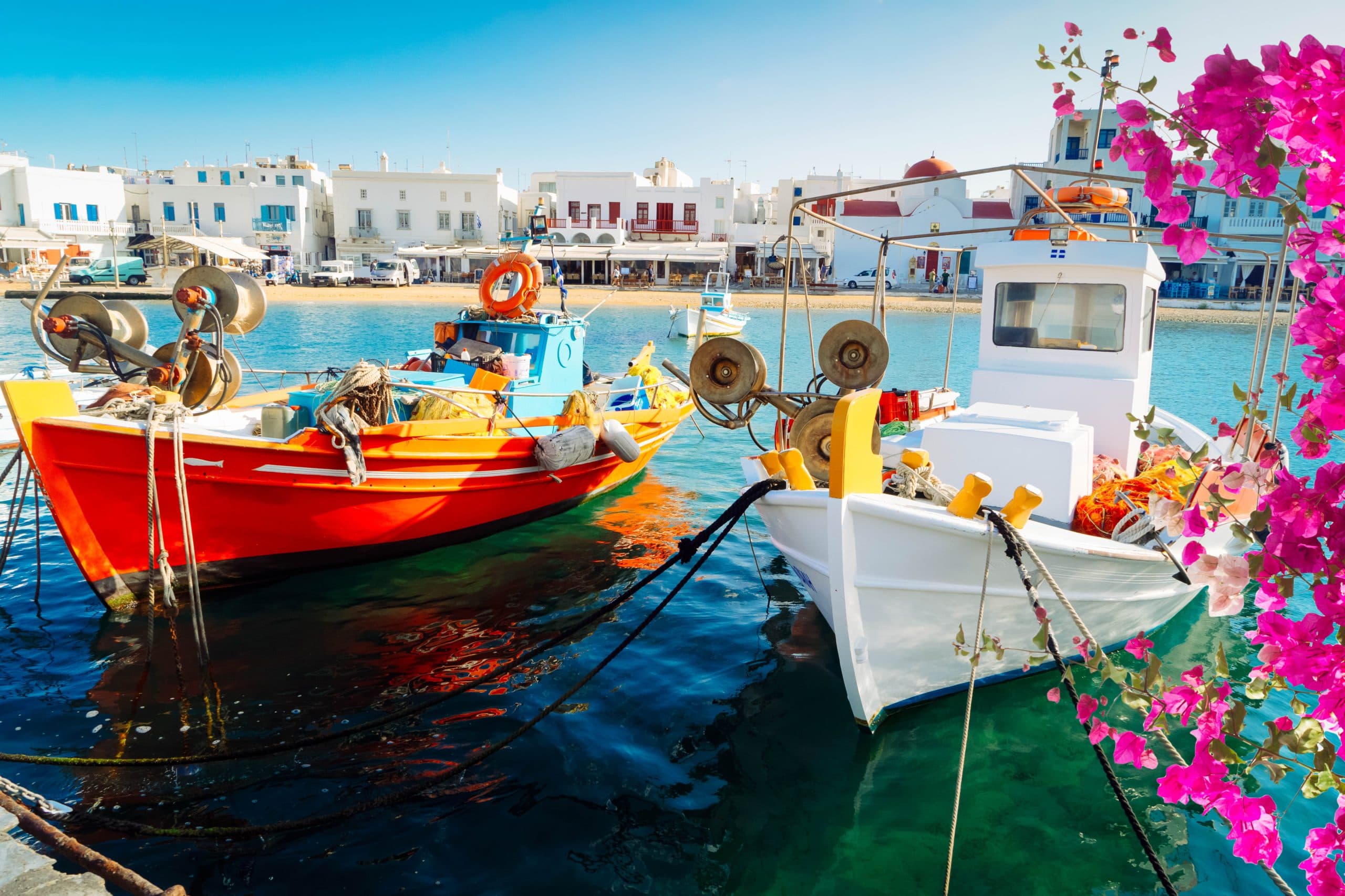 Colorful,Fishing,Boats,Of,Mykonos,Island,,Greece