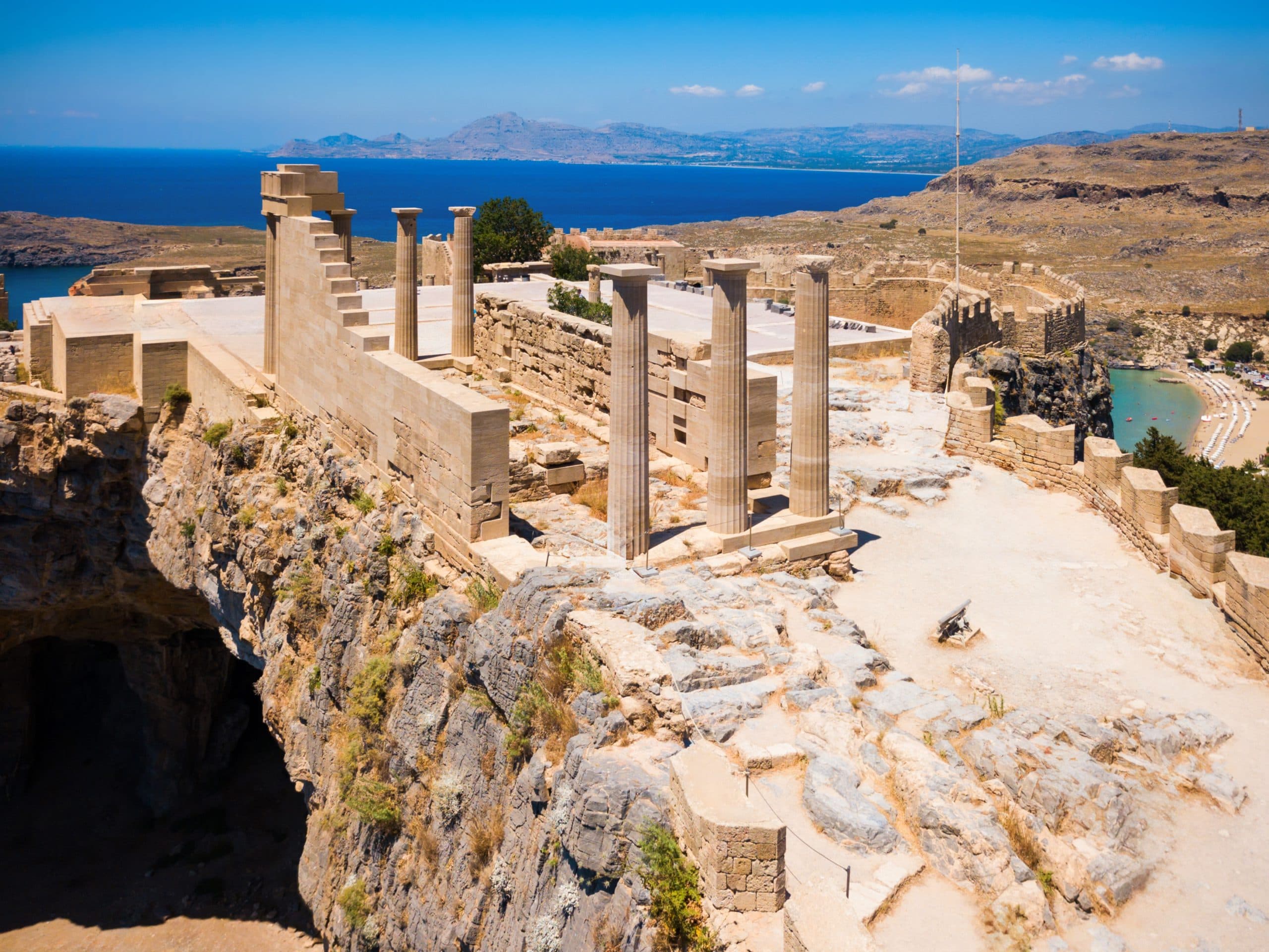Saint,Paul's,Beach,And,Lindos,Acropolis,Aerial,Panoramic,View,In