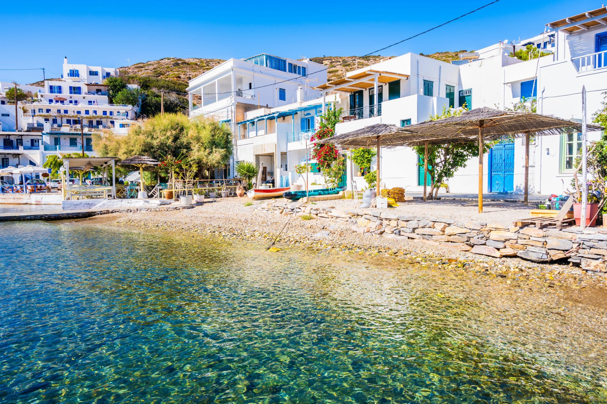 White,Houses,On,Beach,Shore,In,Katapola,Port,,Amorgos,Island,