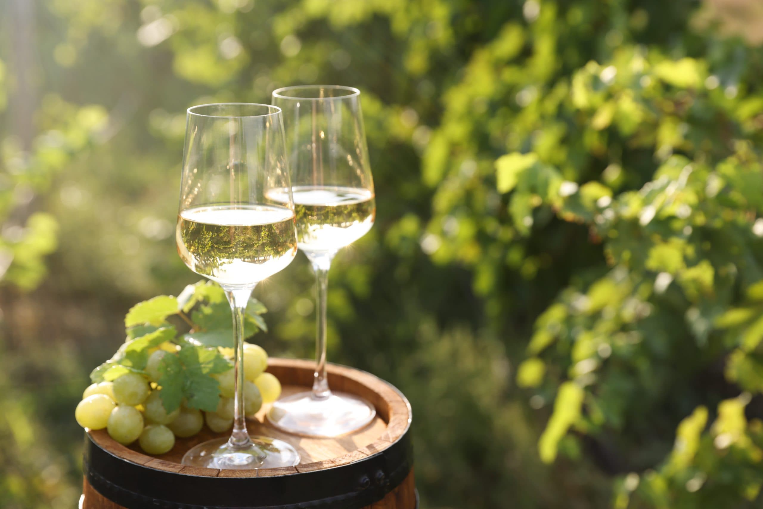 Tasty,Wine,In,Glasses,And,Grapes,On,Wooden,Barrel,Outdoors.