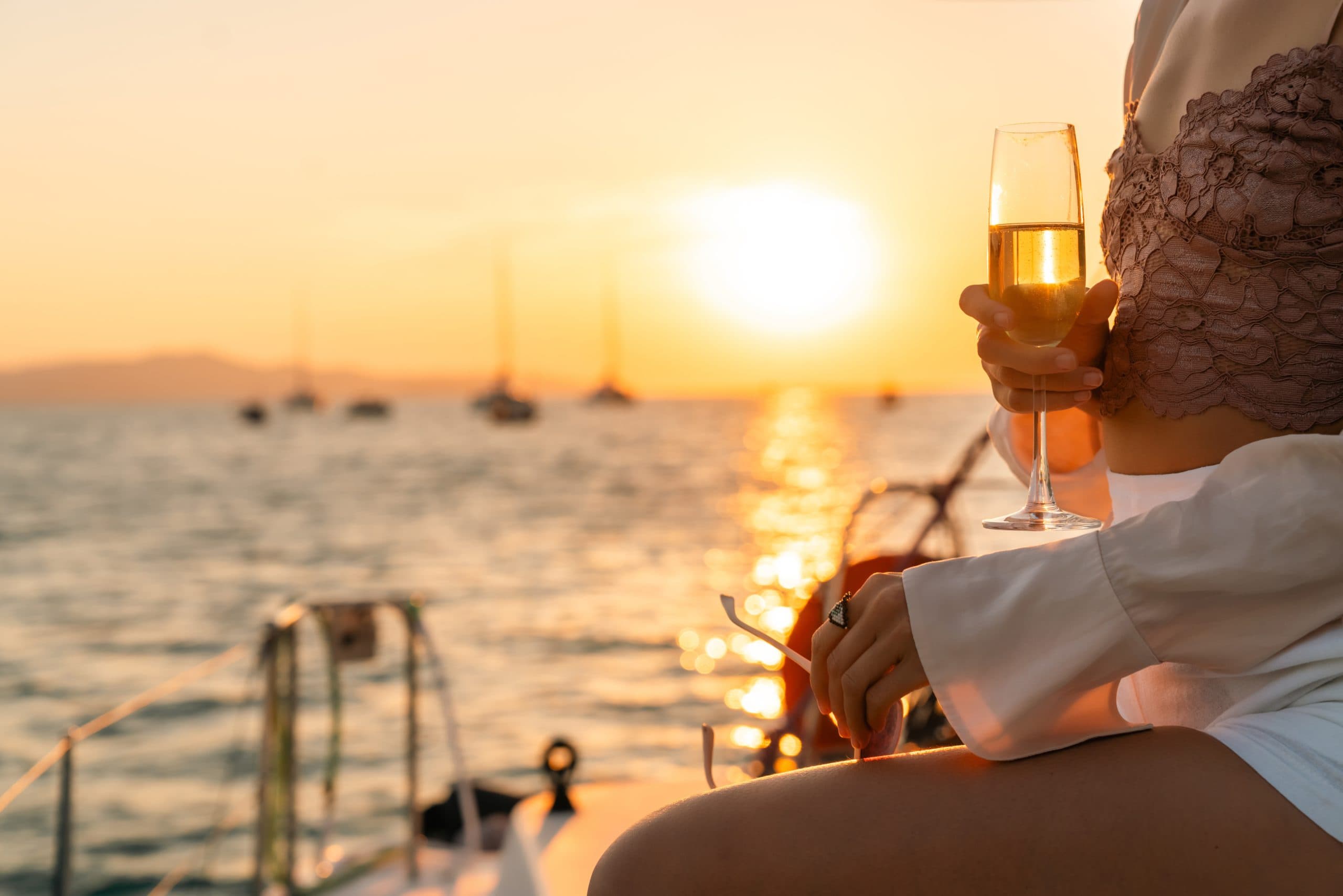 Caucasian,Woman,Travel,Nature,The,Sea,On,Luxury,Catamaran,Boat