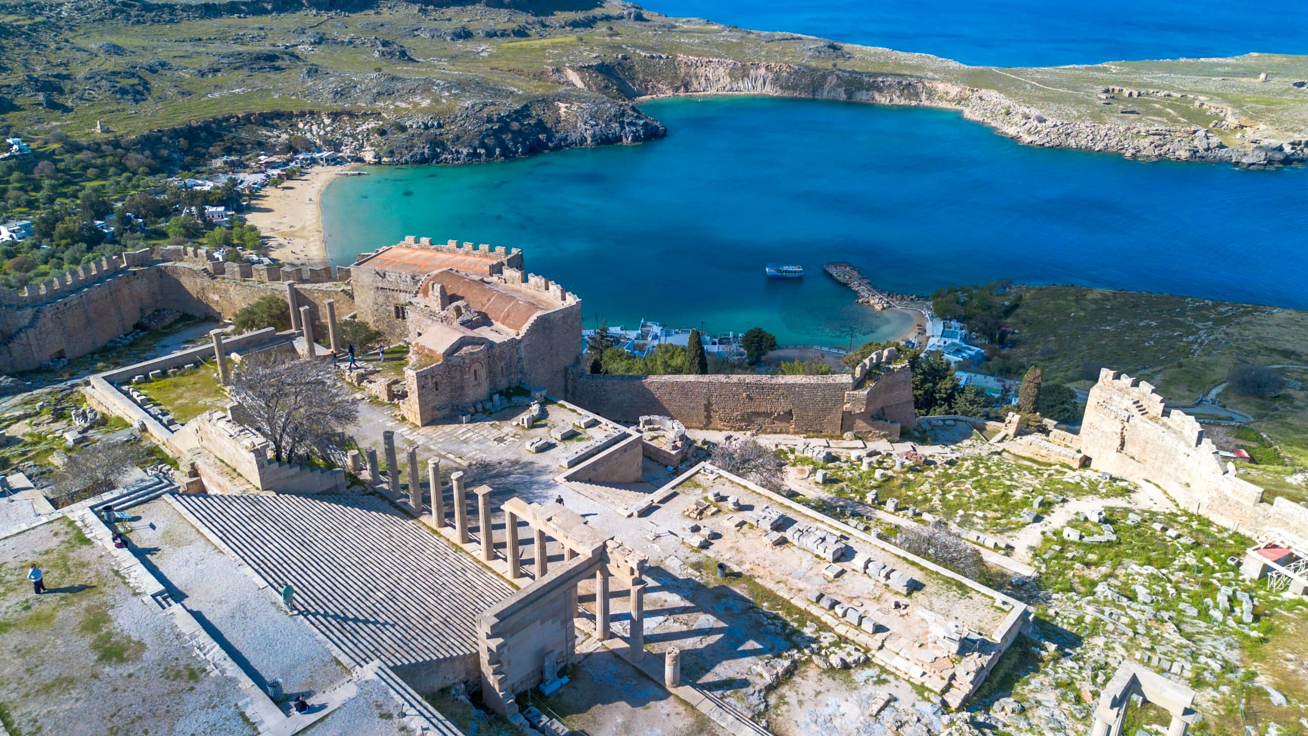 Aerial,View,Of,The,Ancient,Acropolis,Of,Lindos,Ruins,And