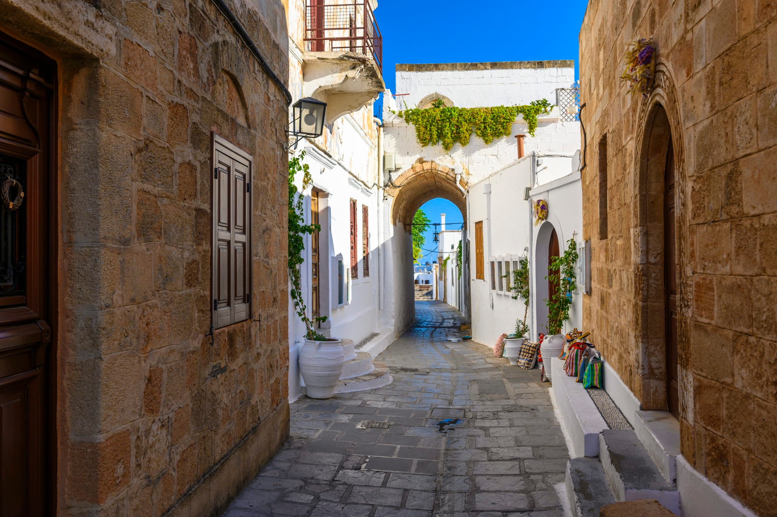 Traditional,Lindos,Harbor,And,Whitewashed,Village,On,Rhodes,Island,,Travel