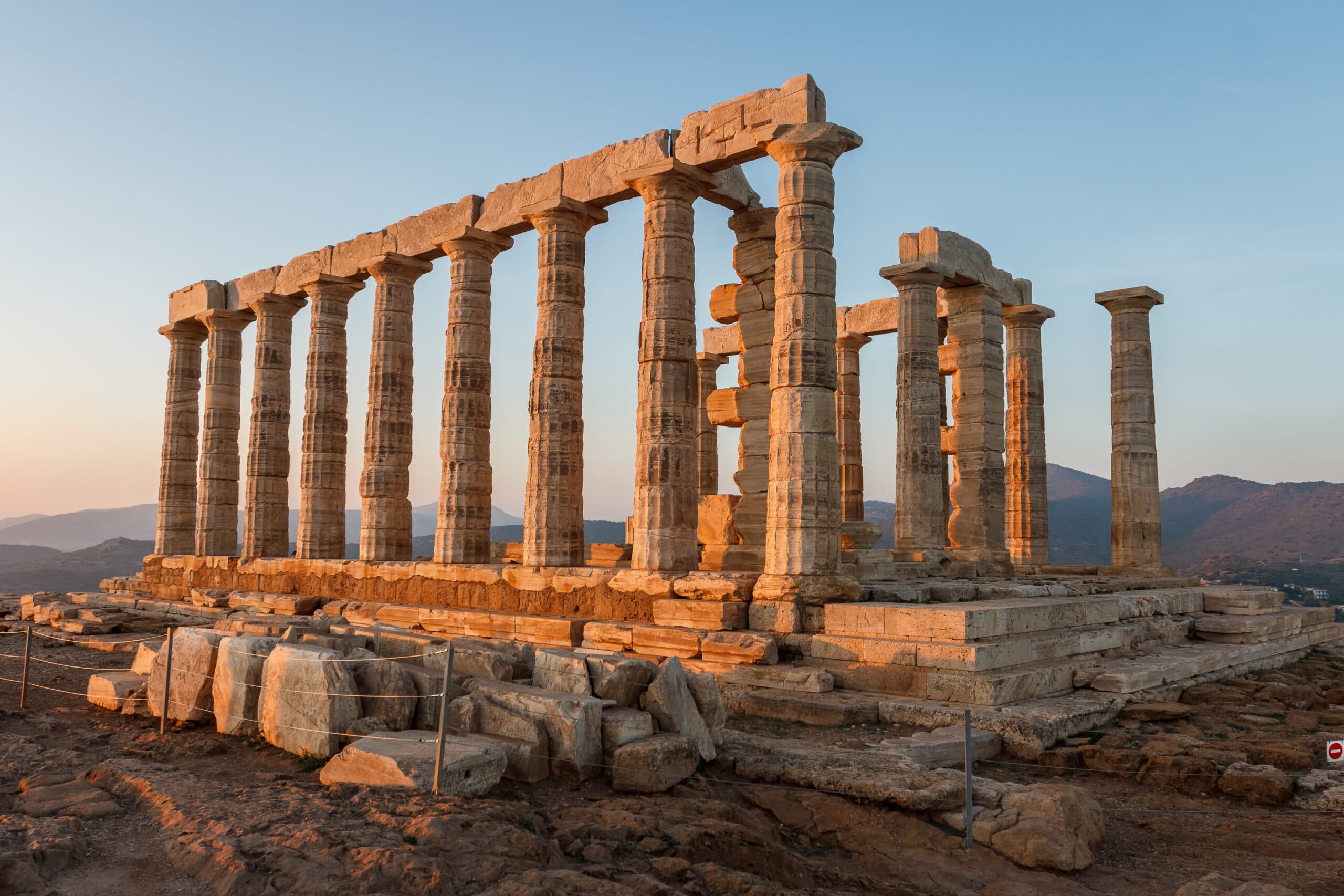 Ruins,Of,Poseidon,Temple,On,Sounion,Cape,At,Dawn,,Greece