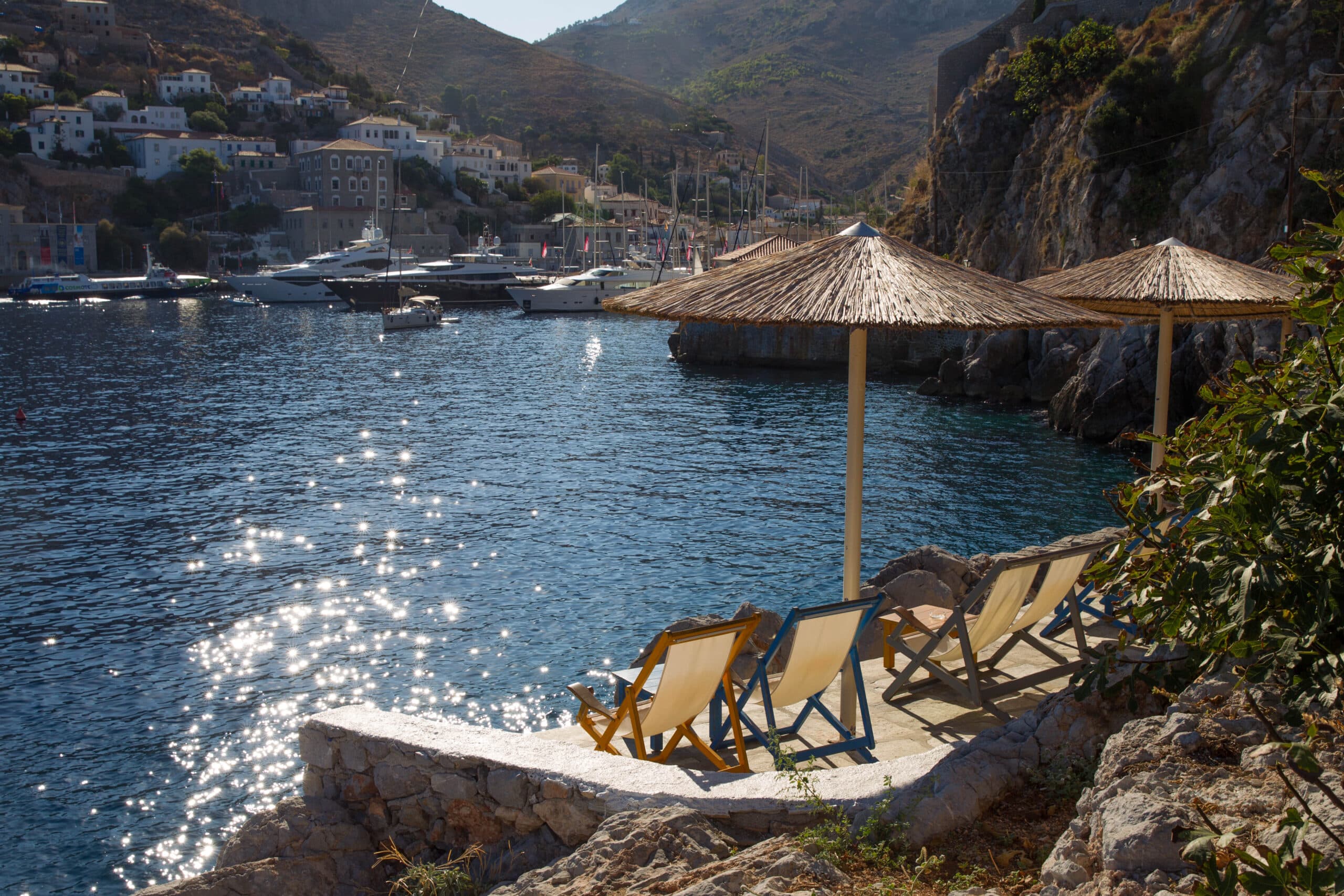 Cane,Awnings,In,Hydra,At,Greece,Island