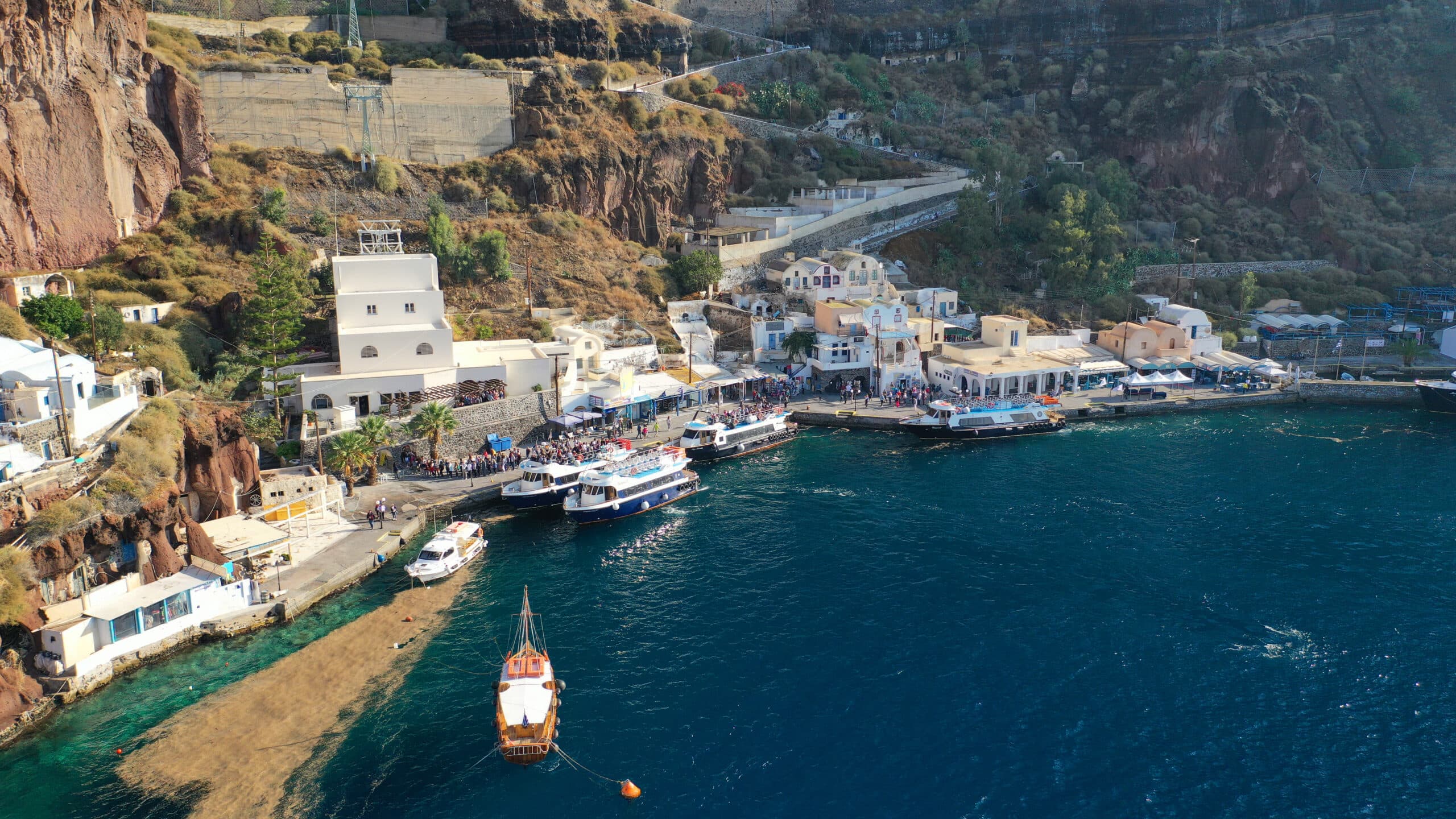 Aerial,Drone,Photo,Of,Iconic,Old,Port,Of,Fira,In
