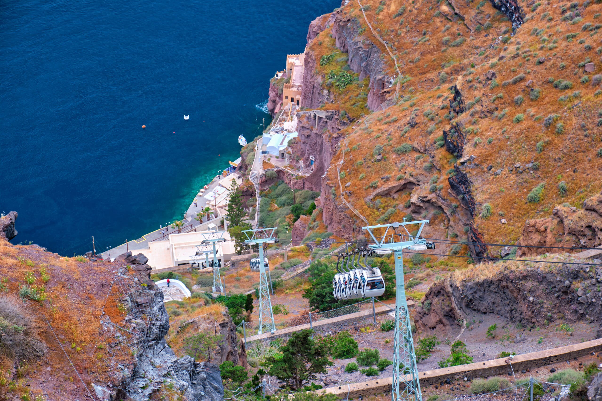 Tourist,Cable,Car,Lift,In,Fira,On,Santorini,Island,,Greece