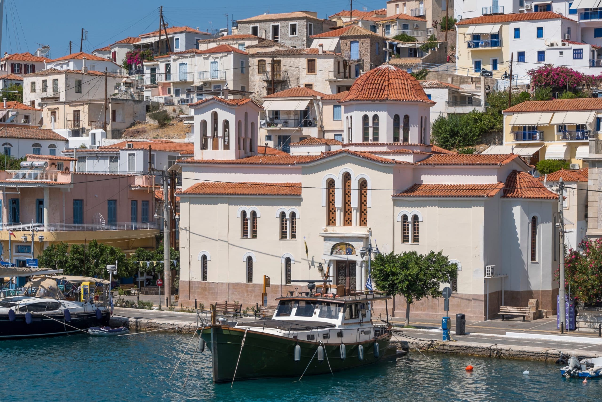 Saronic,Islands,,Greece,-,September,05,,2025:,Boats,And,Church