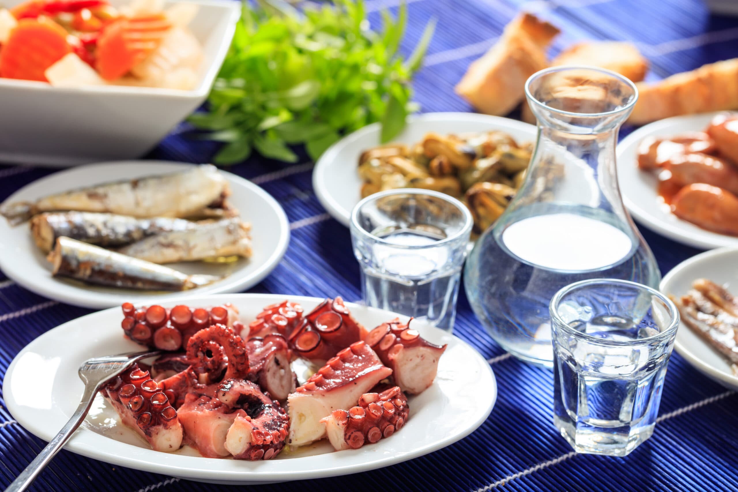 Greek,Ouzo,And,Meze.,Glasses,And,Bottle,Of,Ouzo,And