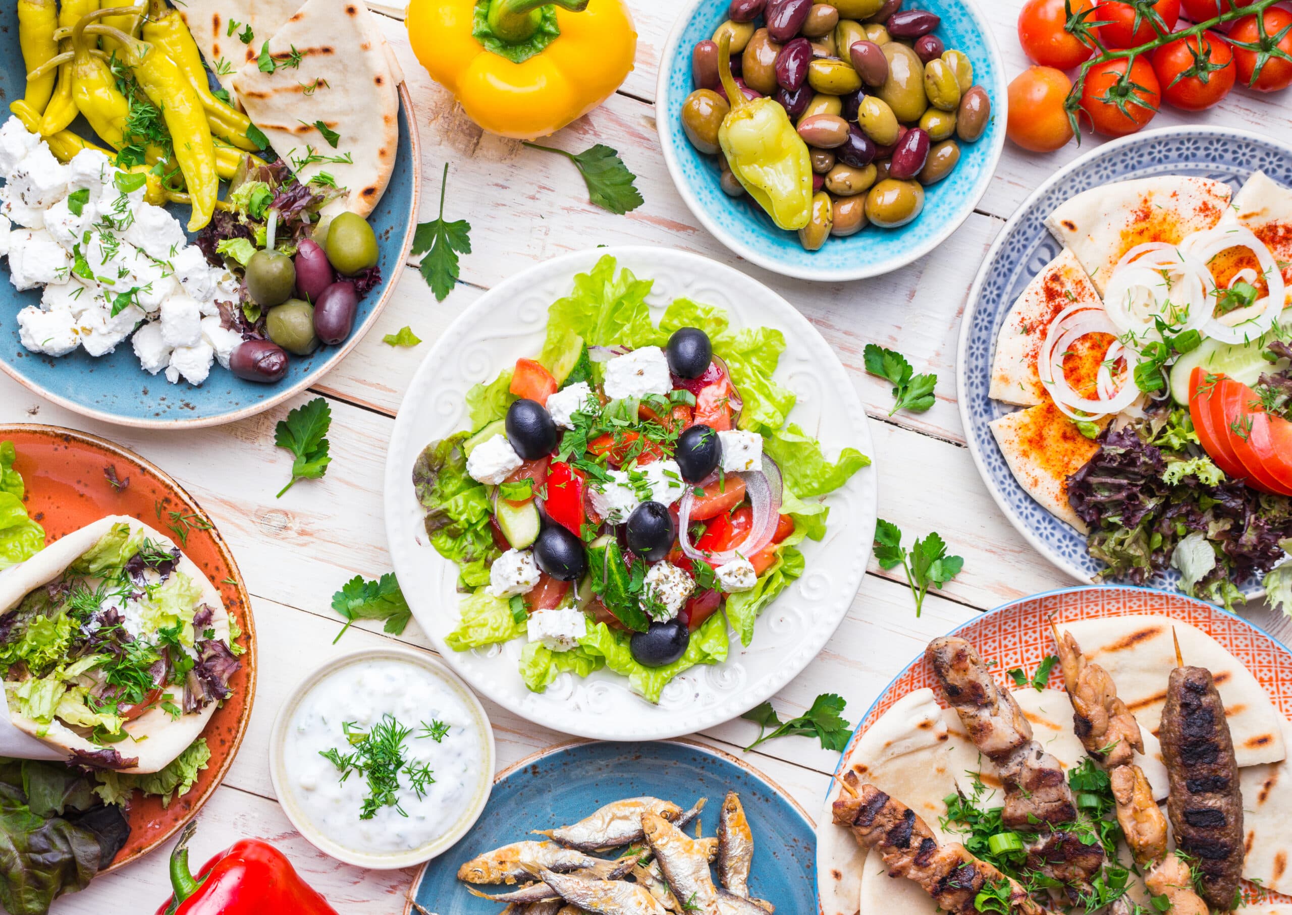 Greek,Food,Background.,Meze,,Gyros,,Souvlaki,,Fish,,Pita,,Greek,Salad,