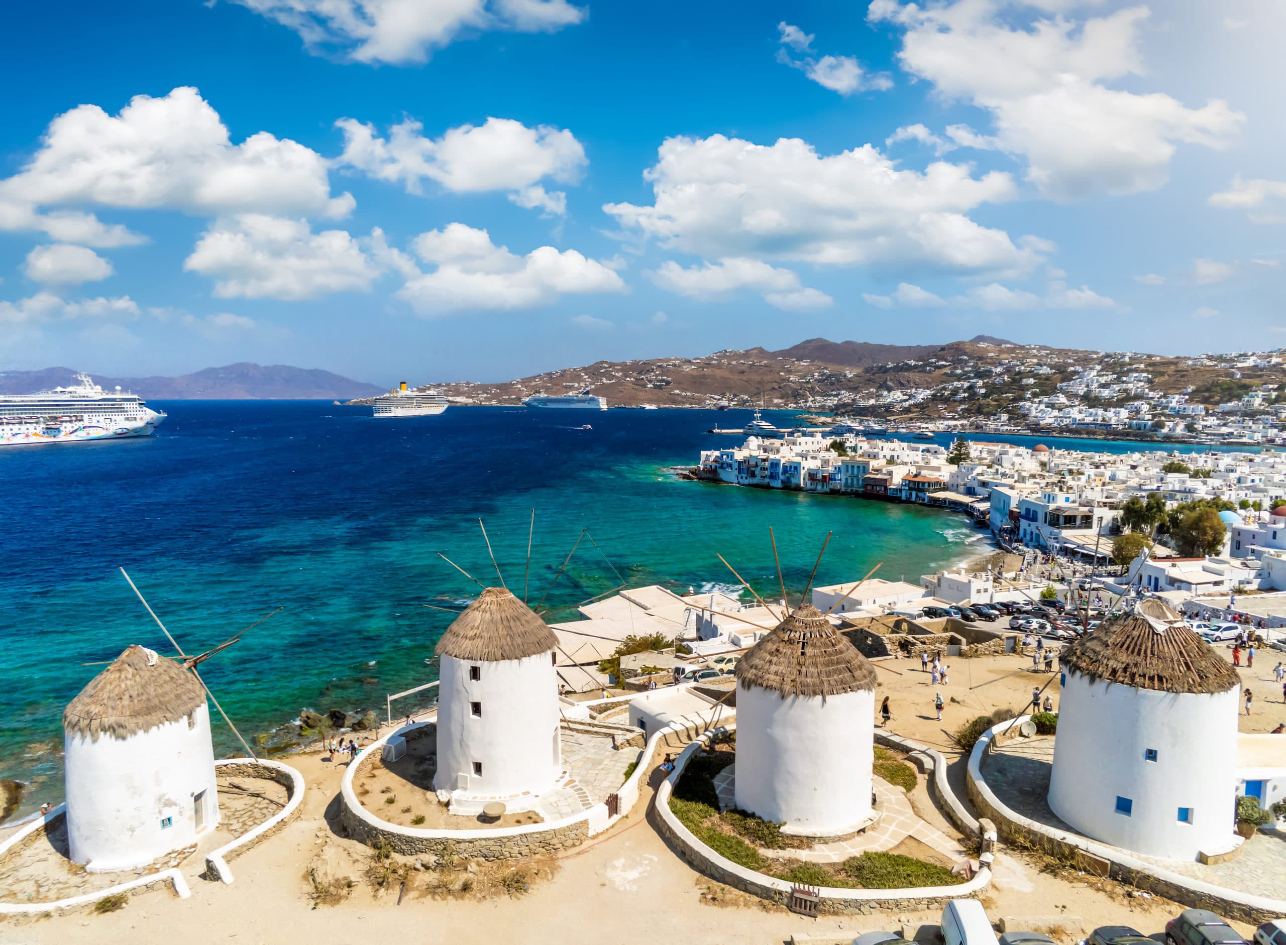 Aerial,View,Of,The,Famous,Windmills,Above,Mykonos,Town,,Cyclades,