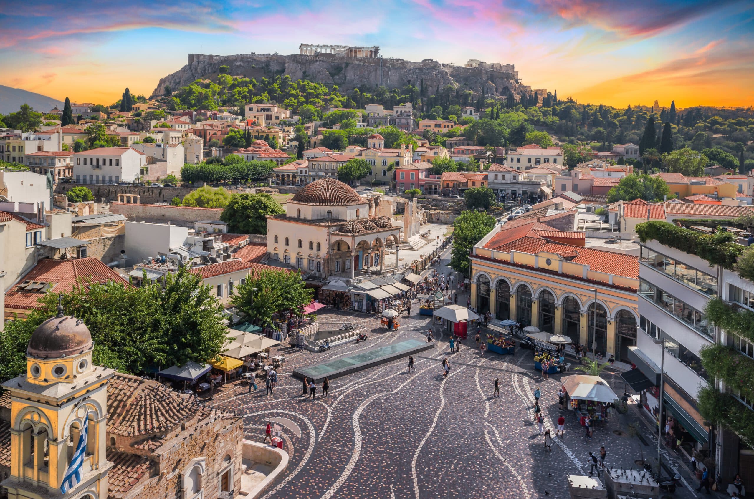 Athens,,Greece,Monastiraki,Square,At,Sunset.