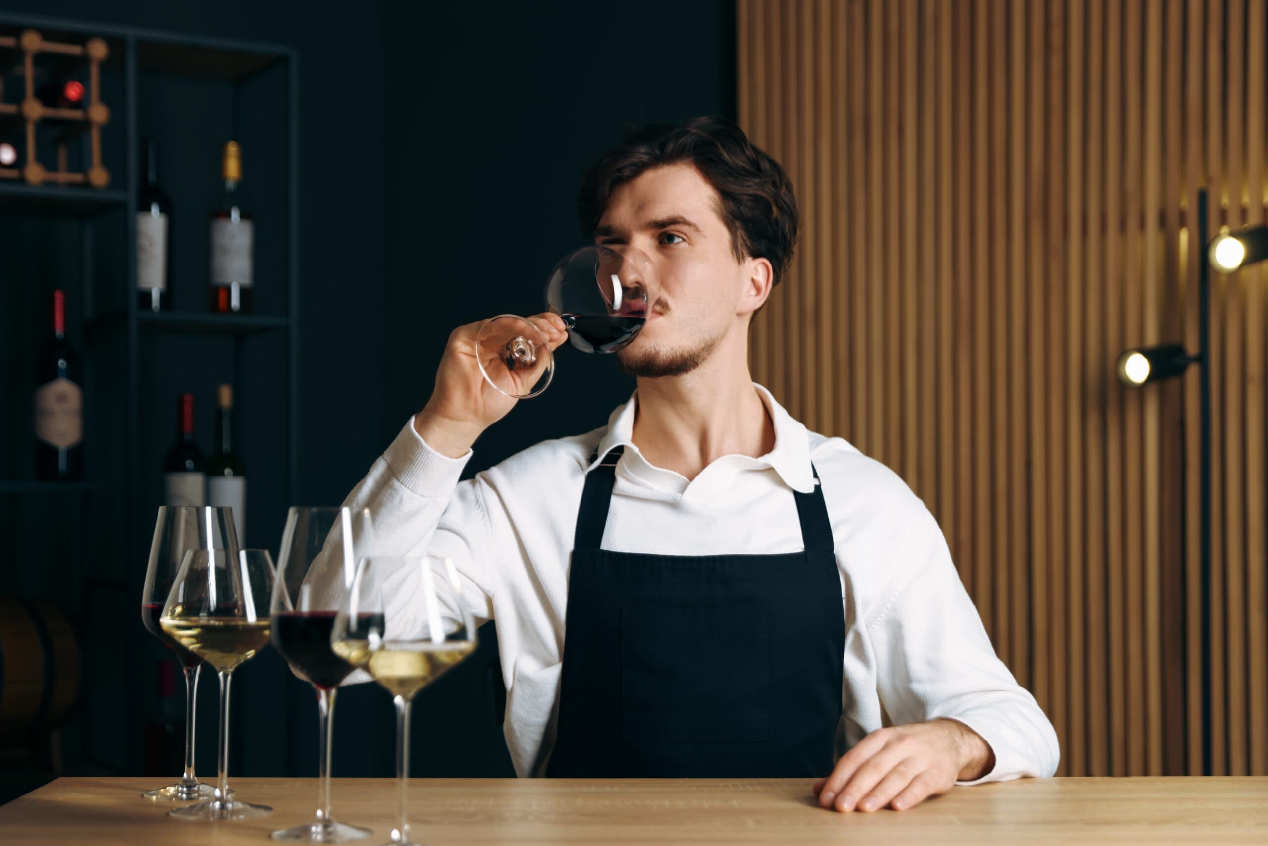 Professional,Sommelier,Tasting,Red,Wine,At,Wooden,Table,Indoors