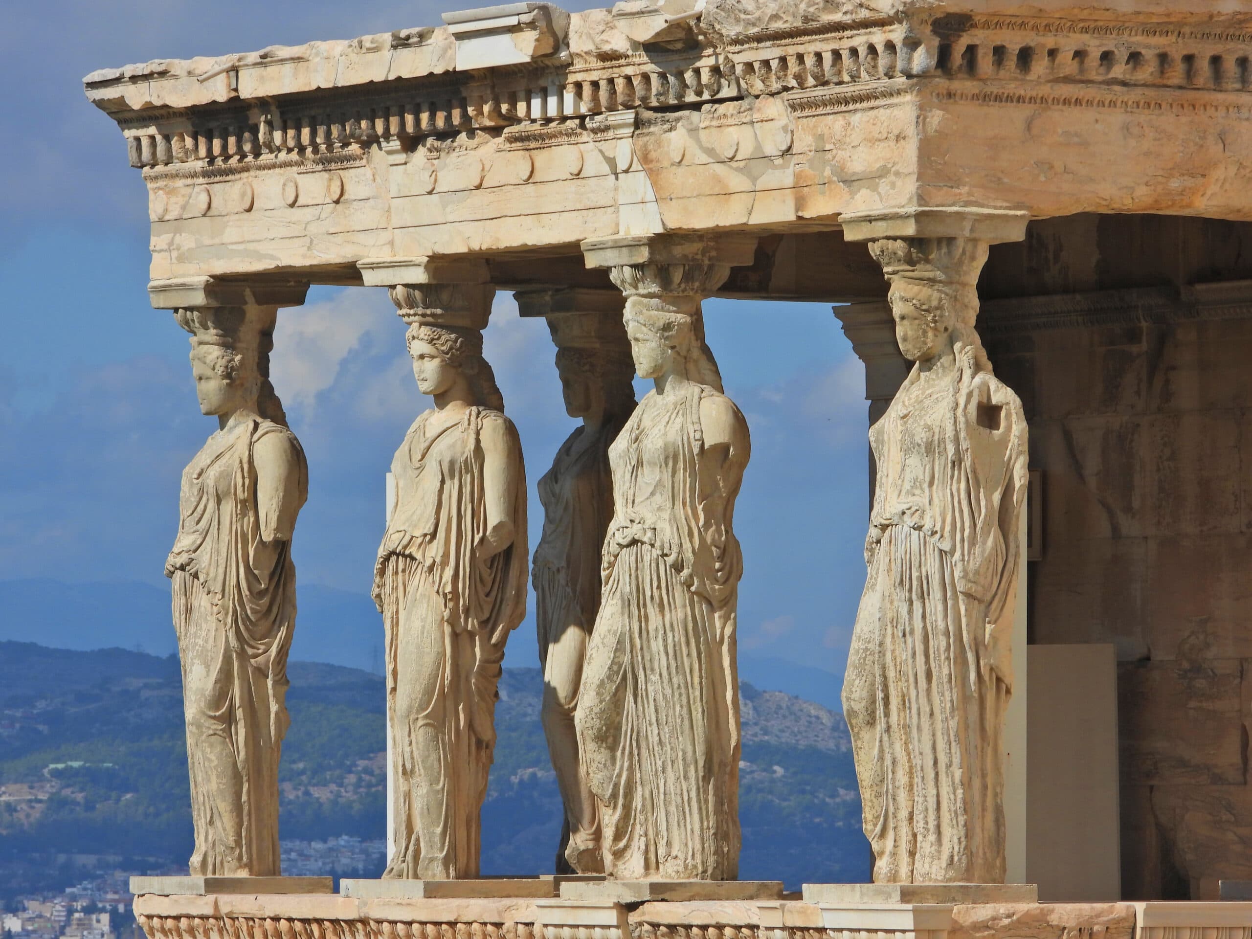 Extreme,Zoom,Closeup,Detail,Photo,Of,Iconic,Caryatids,Statues,In