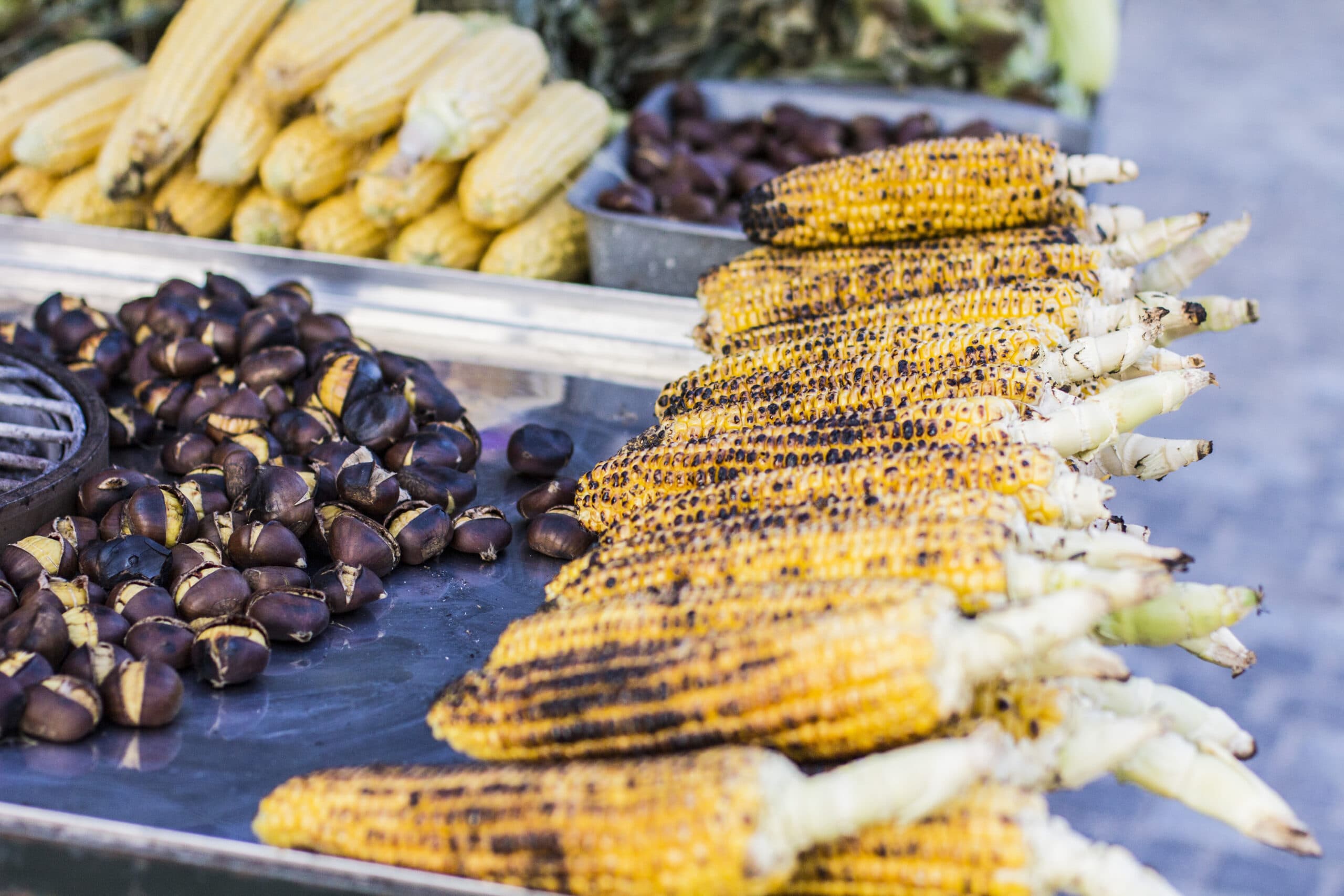 Grilled,Yellow,Corn,And,Roasted,Chestnuts,Close,Up.,Photo,Taken